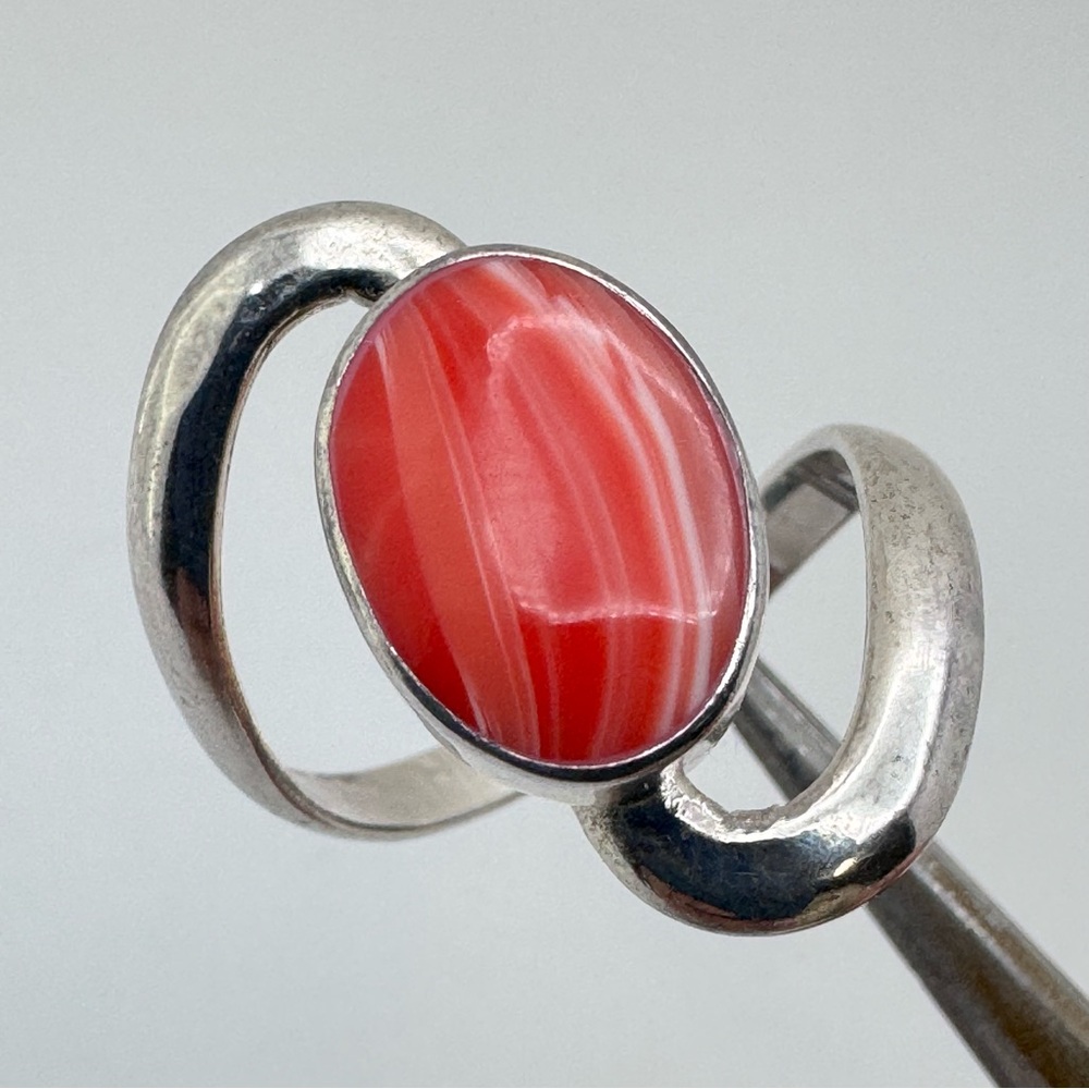 Vintage Mexico Silver Overlay Red Carnelian Agate Swirl Ring Statement Sz 9